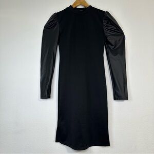Elegant Black Faux Leather Sleeve With  Side Open Dress